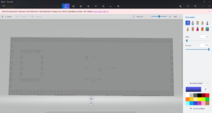 Screenshot of the blueprint for a 3D-print of a card with the letter D in the programm Paint 3D. It shows the shape of the roman letter D, the Braille d, and the Word “David” in braille.