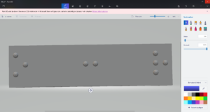 Screenshot of the blueprint for the 3D-print of a braille domino stone in the programm Paint 3D. It has the letter “o” on the left, the letter “r” on the right, and to dots two dots in between to mark the middle.