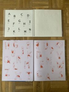 The first pages of both versions of the book. The standard version in the bottom half of the picture shows random capital letters as big 3d shapes on both opening pages with a drawing of the girl from the cover integrated into each letter in different ways. The braille version on the top half of the picture also shows big capital letters on the first page both as tactile roman letters and as braille. The second page is a standard title page with the title of the book and the names of the authors.
